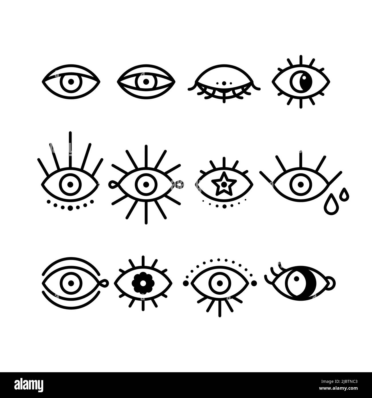 Icona Boho Eyes impostata. Raccolta di occhi lineari geometrici. Contorno nero. Illustrazione vettoriale, design piatto Illustrazione Vettoriale