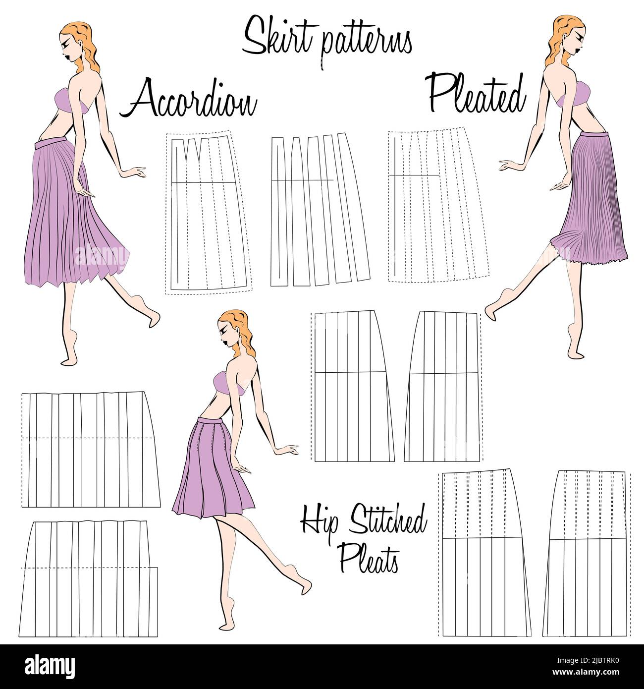 Gonna motivi a fisarmonica, pieghe e pieghe con cuciture all'anca. Una rappresentazione visiva degli stili delle gonne sulla figura. Illustrazione del progetto. Illustrazione Vettoriale