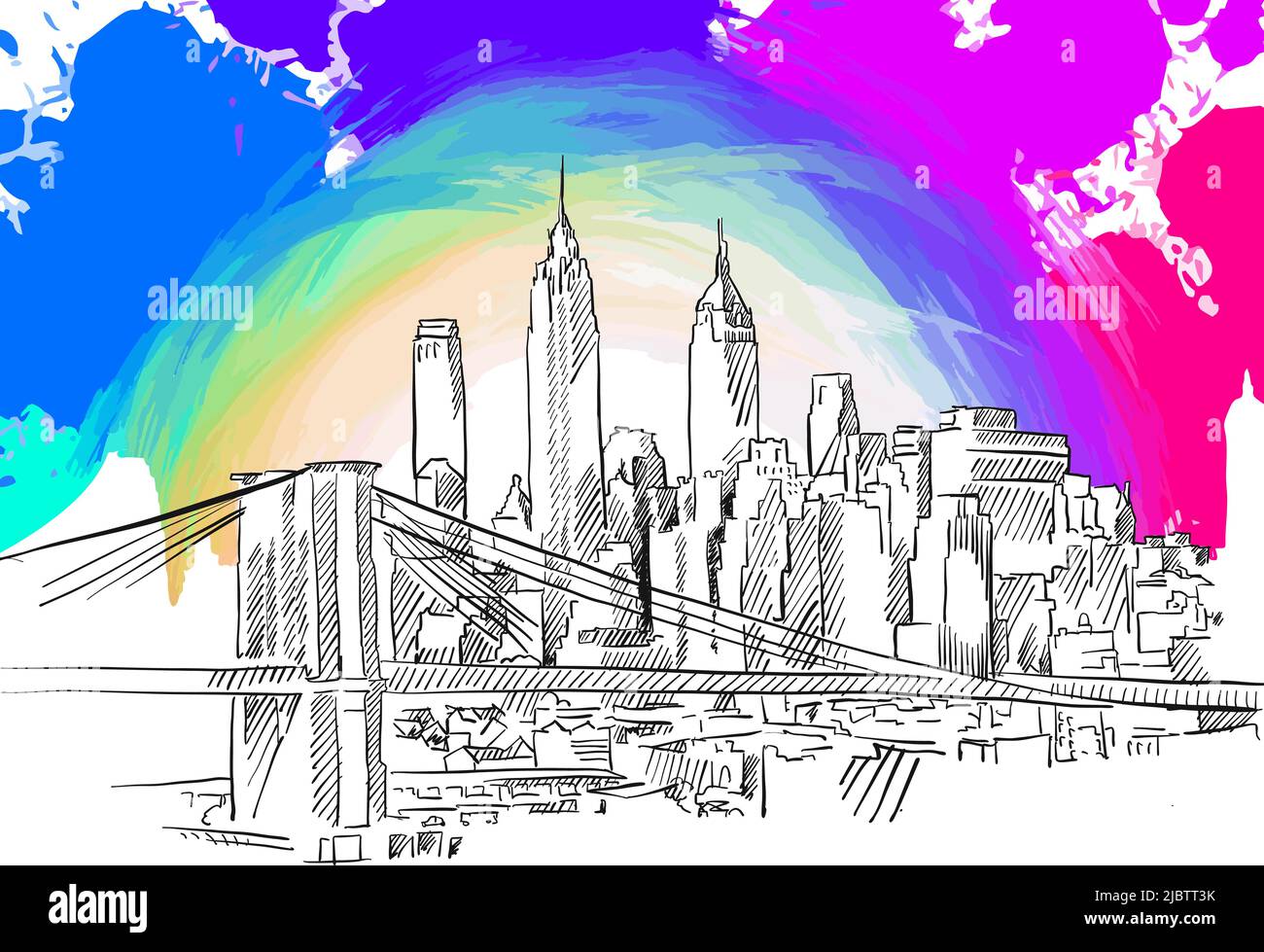 Skyline della metropoli. Disegno reale a mano. Segno vettoriale colorato. Illustrazione Vettoriale