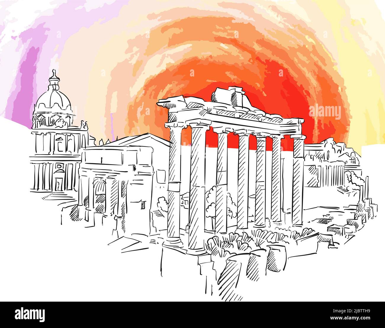 Roma Antica disegno. Disegno reale a mano. Segno vettoriale colorato. Illustrazione Vettoriale