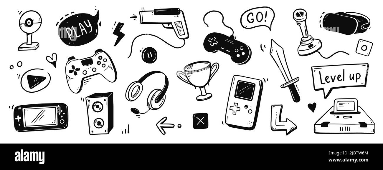 Video gioco Set di doodle disegnate a mano. Console per videogiochi, joystick, elemento controller. Computer retro, gioco arcade sfondo. Illustrazione vettoriale. Illustrazione Vettoriale