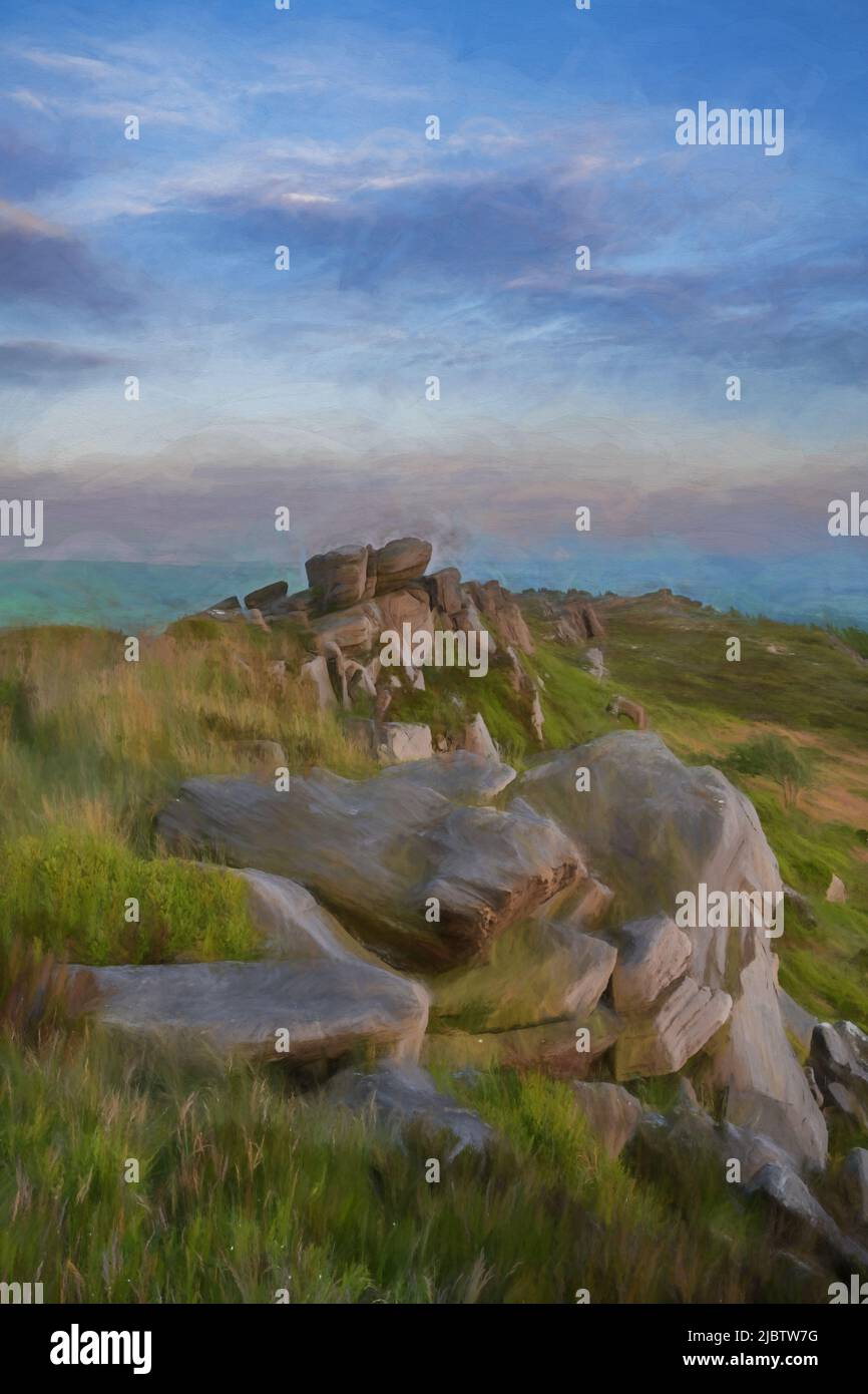 Dipinto digitale ad olio di un paesaggio rurale tramonto a The Roaches, Staffordshire nel Peak District National Park, Regno Unito. Foto Stock