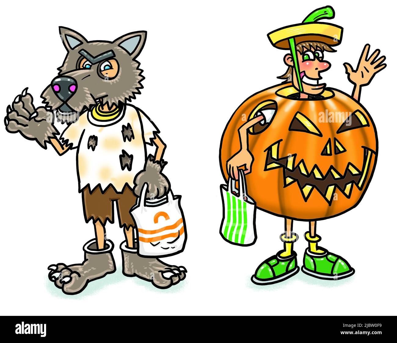 Cartoon art due figure vestite in costumi di Halloween pronti a fare trucco o trattare, divertimento stagionale, eventi autunnali, giocare a vestito-u, costume fantasia Foto Stock