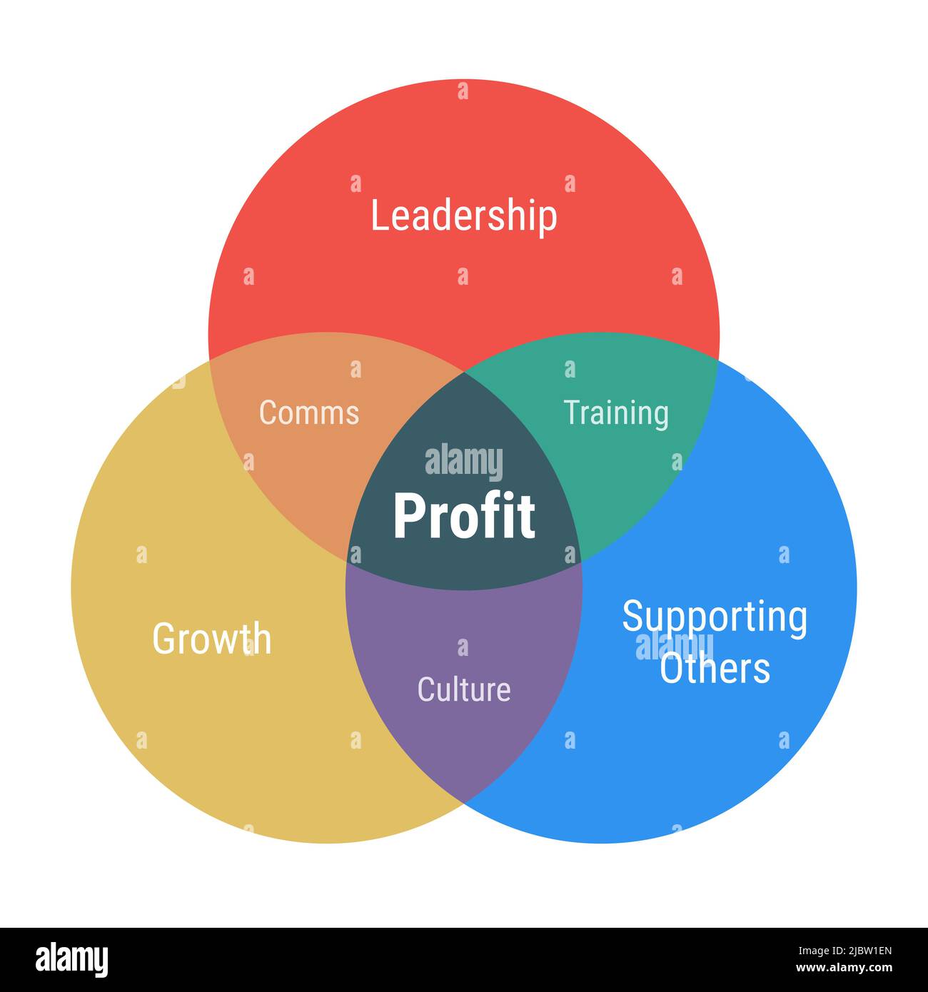 Diagramma di venn del profitto con 3 cerchi sovrapposti. Crescita, leadership e sostegno agli altri. Comunicazioni, cultura e formazione. Design piatto giallo, rosso e blu Illustrazione Vettoriale