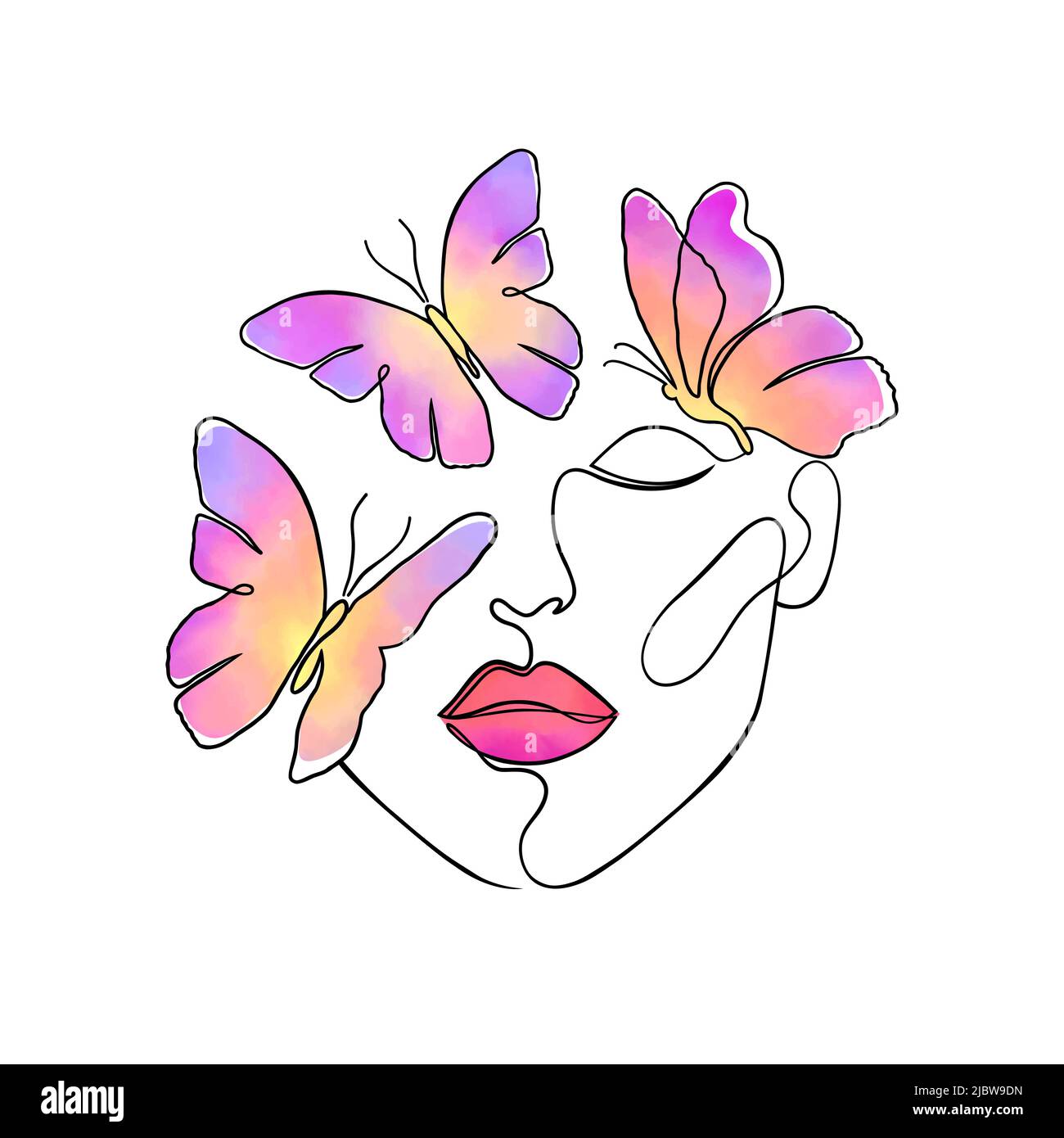 Faccia minima della donna con farfalle. Illustrazione Vettoriale