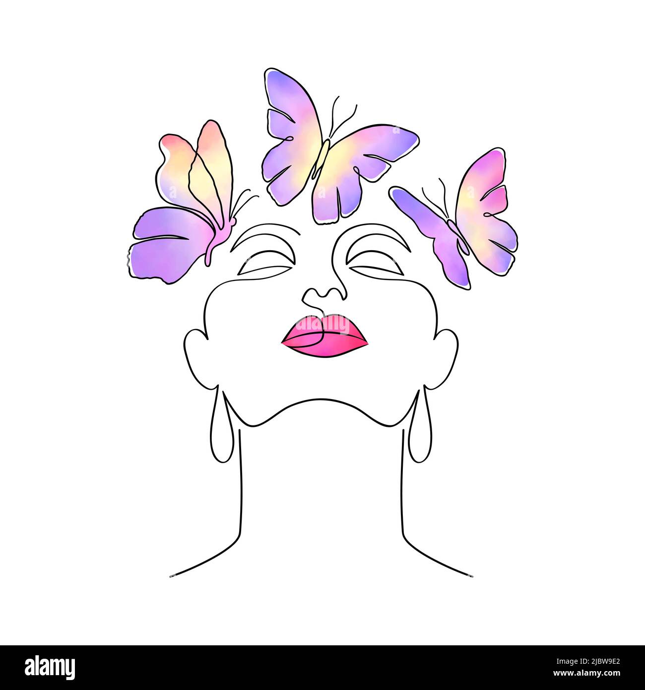 Faccia minima della donna con farfalle Illustrazione Vettoriale