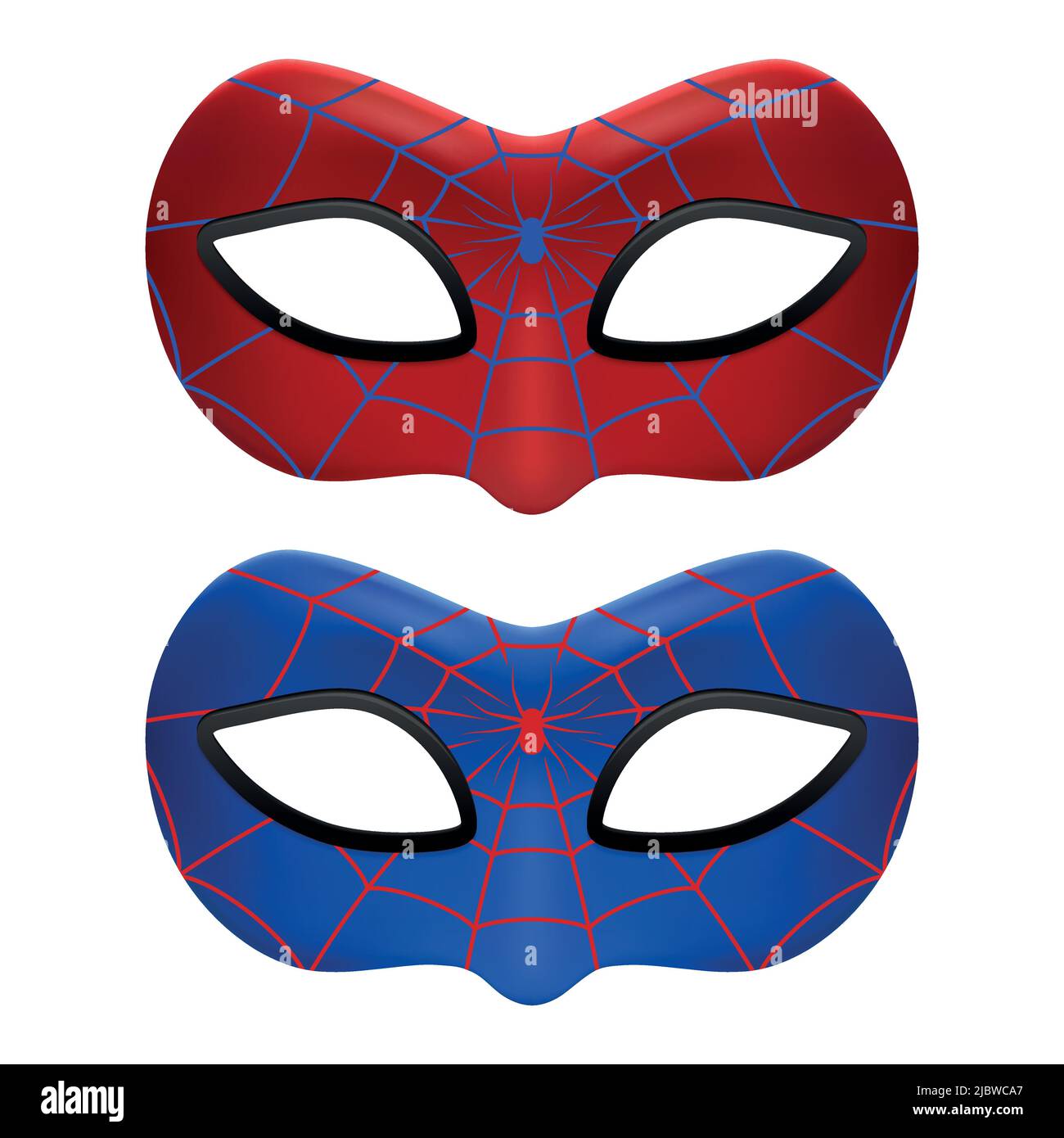 Vector 3D Reaistic SuperHero Spider Mask Icon Set isolato. Vettore. Super Hero Face Carnival maschera rossa e blu con Spider Web e Spider Closeup Illustrazione Vettoriale