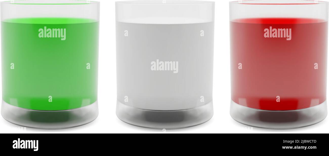 Set di bicchieri colorati realistici con bevande. Immagine vettoriale. Illustrazione Vettoriale