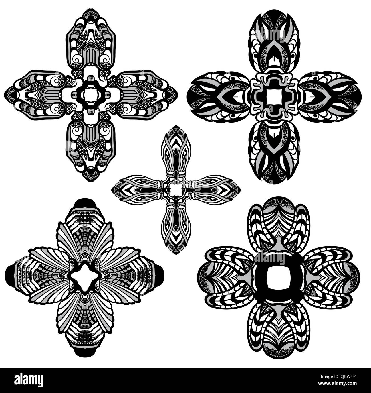 Modelli di tatuaggio impostati. Illustrazione vettoriale degli elementi di disegno. Illustrazione Vettoriale