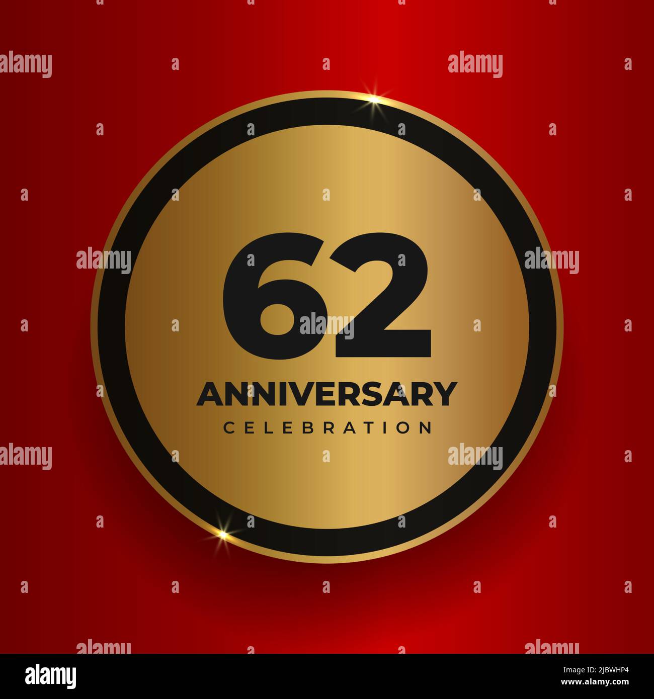 62 anni anniversario di celebrazione sfondo. Modello di poster per la festa del 62nd° anniversario dell'evento. Cerchio d'oro vettoriale con numeri e testo Illustrazione Vettoriale