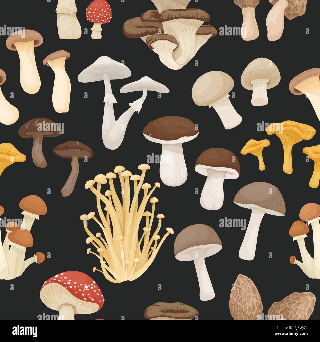 Vector Seamless Paterna con funghi imedibili, velenosi. Funghi cartoni disegnati a mano. Funghi diversi su nero. Fly Agaric, Champignon Illustrazione Vettoriale