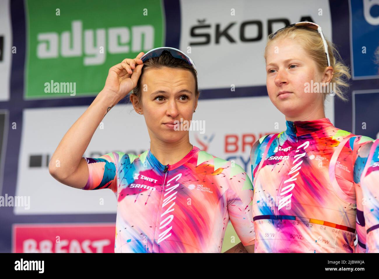 Katarzyna Niewiadoma del Canyon/SRAM Racing al Colchester Sports Park per la gara ciclistica UCI Women’s Tour Stage 1 a Bury St Edmunds Foto Stock