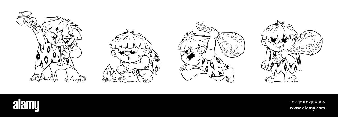 Uomo primitivo preistorico, un insieme di figure dinamiche in stile cartoon bianco e nero.adesivi, decalcomanie, personaggio per animazione. Illustrazione vettoriale Illustrazione Vettoriale