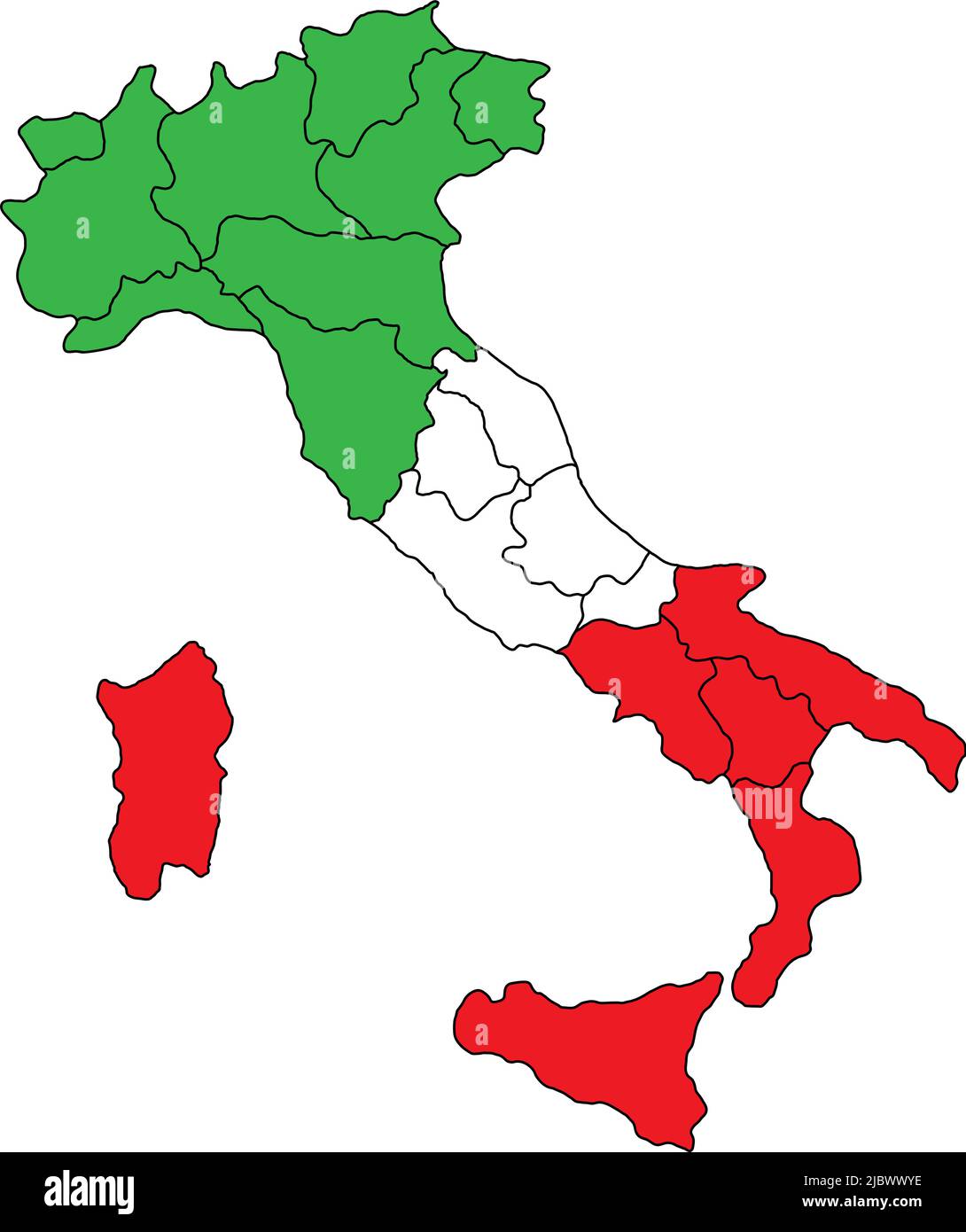 Carta dell'Italia con confini regionali. Mappa politica italiana colorata con confini amministrativi regionali. Illustrazione Vettoriale