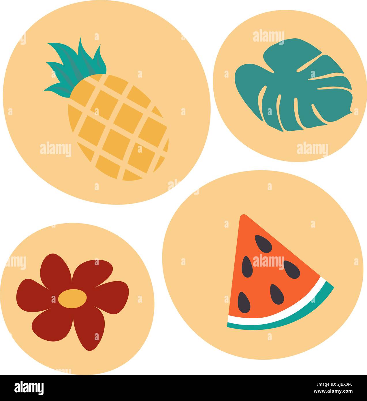 Una serie di elementi grafici astratti e colorati che disegnano a mano in tonalità di tendenza, costituiti da un fiore, una fetta di cocomero, un ananas e monstera esotica a foglia. Adesivo. Stile di vita Illustrazione Vettoriale