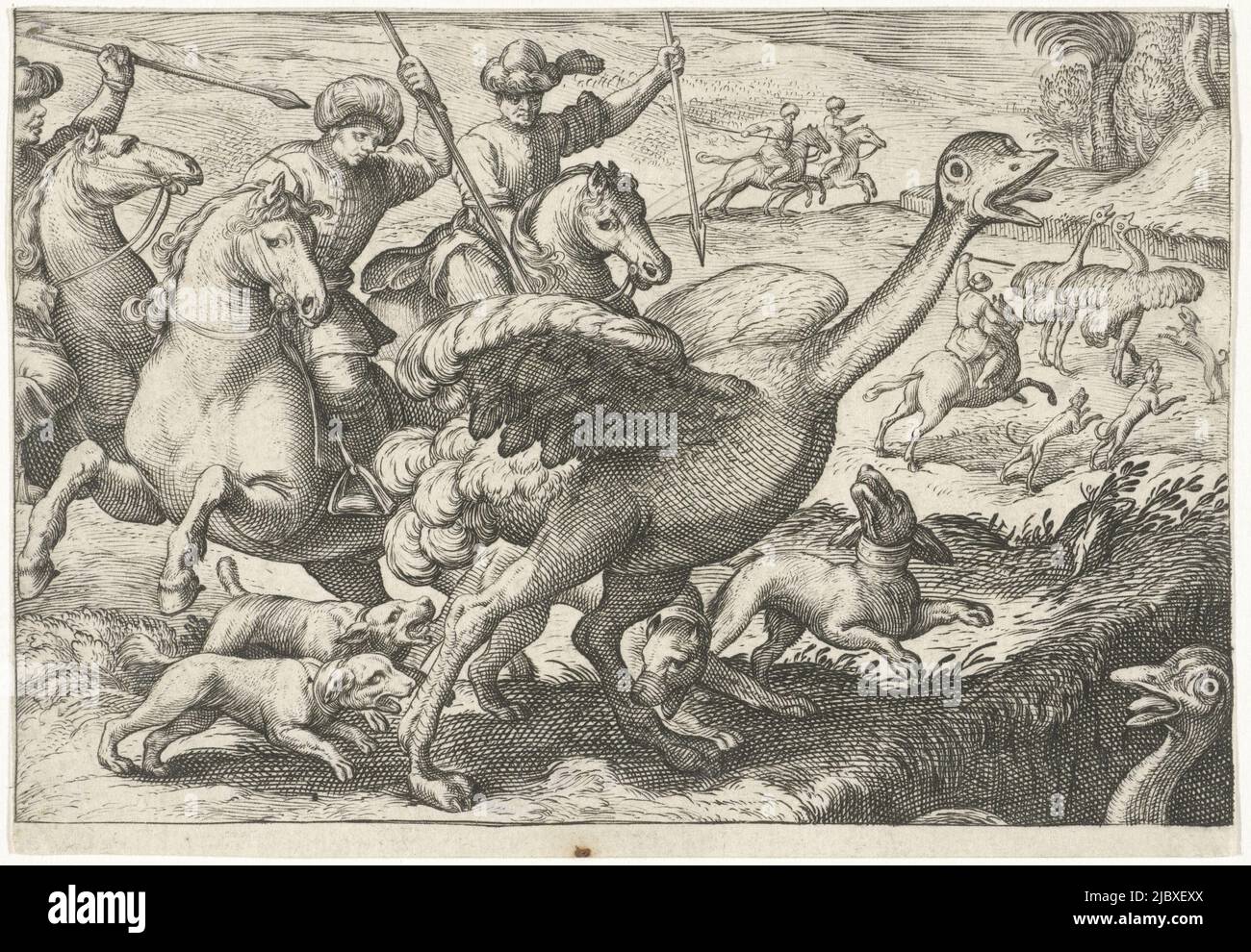 Paesaggio con in primo piano tre cavalieri con turbante e lance e quattro cani a caccia di uno struzzo. Un cane morde la gamba dello struzzo. A destra in primo piano la testa di uno struzzo. Sullo sfondo cavalieri con turbanti che cacciano uno struzzo. Stampa da una serie di scene di caccia, Paesaggio con struzzo caccia Scene di caccia (serie del titolo) Icones Venantic species varias representantes (serie del titolo)., stampatore: Egbert Jansz., Antonio Tempesta, editore: Johann Theodor en Johann Israel de Bry, Zuid-Nederland, 1598, carta, incisione, a 83 mm x l 120 mm Foto Stock