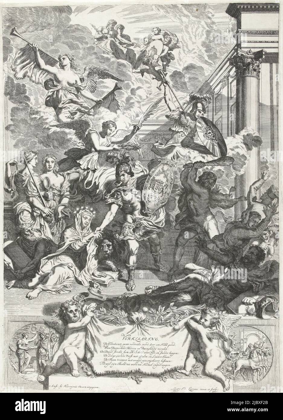 Allegoria del restauro della religione in Inghilterra da Guglielmo III, 1688-1689. Come eroe romano il principe Guglielmo (con scudo inglese) salva la Vergine della religione (con sette stelle come un alone), dietro di lei nasconde Mosè con le tavolette della legge. Hercules scaccia l'inganno, l'invidia e altri nemici con una mazza. Intorno a varie personificazioni che indicano la bontà del Principe. In primo piano un versetto fermato da due angeli, Allegoria della restaurazione della religione in Inghilterra da Guglielmo III, 1688-1689., tipografo: Jan de Lairesse, (menzionato su oggetto), Jan de Lairesse, (menzionato su oggetto Foto Stock
