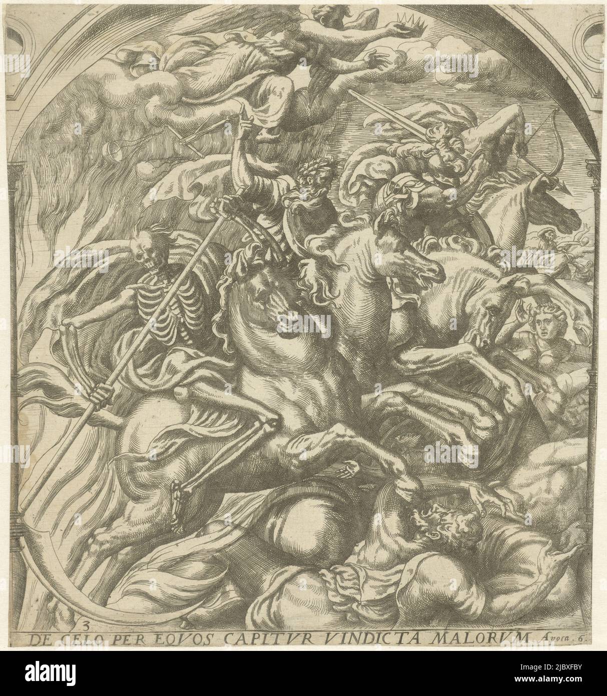 I quattro cavalieri dell'apocalisse cavalcano attraverso l'aria. Da dietro in avanti: Il vincitore con un arco, guerra con una spada grande, Fame con scale e morte con uno scythe (op. 6:1-8). Nel cielo vola un angelo che incorona il vincitore, quattro cavalieri dell'apocalisse De Celo per eqvos capitvr vindicta malorvm, rivelazione di Giovanni (titolo della serie)., tipografia: Gerard van Groeningen, Anversa, 1563 - 1574, carta, incisione, incisione, a 269 mm x l 249 mm Foto Stock