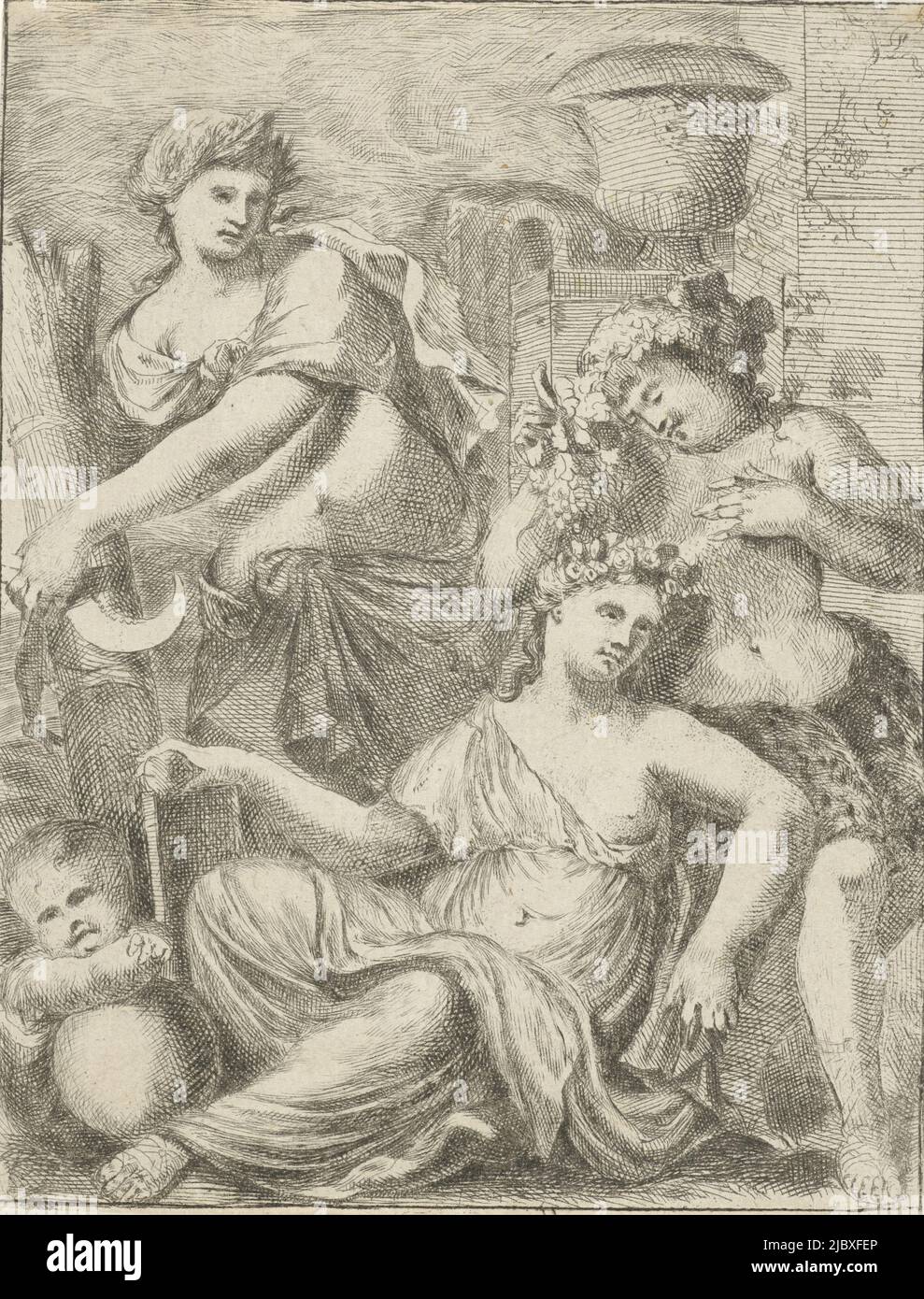 Venere e Amor, accompagnati da Ceres e Bacco. Immaginazione del detto 'Sine Cerere et Bacco froget Venere' (senza pane e vino amore geles), Ceres, Bacco e Venere., tipografia: Pieter van der Plas (II), Paesi Bassi del Nord, 1687 - 1708, carta, incisione, incisione, a 164 mm x l 126 mm Foto Stock