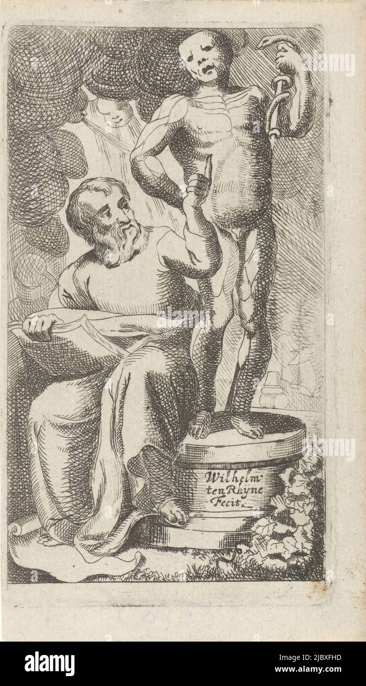 Un vecchio uomo, con qualche pezzo di carta in grembo, siede sul bordo di un piede. Egli indica un modello anatomico che si trova sul piedistallo su cui si siede. Il modello è in possesso di una scimmia escula, un simbolo di medici, illustrazione per la pagina del titolo del libro 'editationes in magni Hippocratis'., tipografo: Willem ten Rhijne, (menzionato in oggetto), l'Aia, 1670 - 1672, carta, incisione, incisione, h 116 mm x l 65 mm Foto Stock