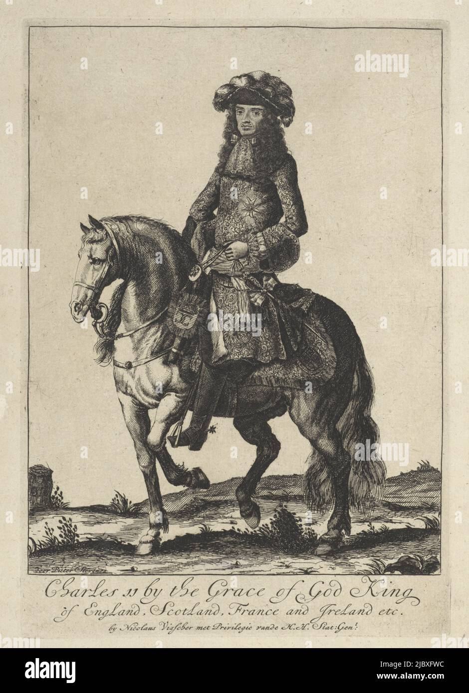 Ritratto di Carlo II, re d'Inghilterra, a cavallo. In fondo al margine il suo nome e la sua funzione in inglese, ritratto equestre di re Carlo II d'Inghilterra., tipografo: Pieter Stevens (vermeld nel 1689), (menzionato sull'oggetto), editore: Nicolaes Visscher (i), (menzionato sull'oggetto), editore: Nicolaes Visscher (II), (menzionato sull'oggetto), Amsterdam, 1660 - 1685, paper, incisione, incisione, h 233 mm x l 161 mm Foto Stock