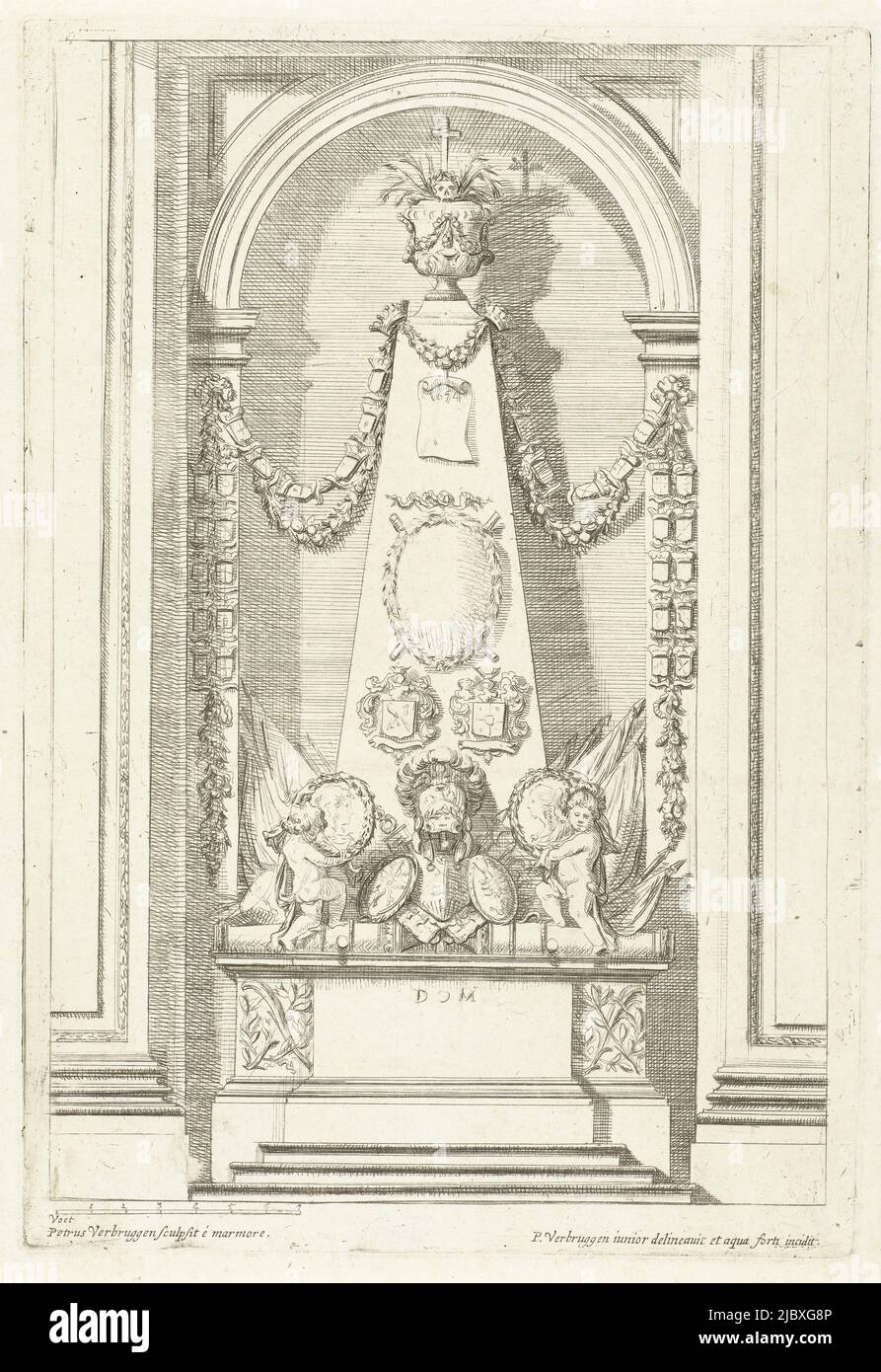 In una nicchia si erge una tomba a forma di altare con sopra un obelisco coronato da un'urna con un cranio e una croce. La tomba fu eretta nella Cattedrale di Uppsala nel 1687, la scultura fu completata nel 1674, Tomba del Maresciallo di campo Christoph Deficus von Dohnia e sua moglie., tipografo: Pieter Verbruggen (II), (menzionato sull'oggetto), Pieter Verbruggen (i), (menzionato sull'oggetto), editore: anonimo, 1674, carta, incisione, h 234 mm x l 160 mm Foto Stock