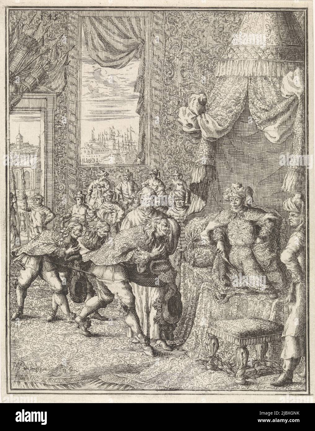 Vasco da Gama e il suo entourage si inchinano al re di Calcutta. Il re è su un trono sotto un baldacchino. In background view of Calcutta., Vasco da Gama in udienza con il re di Calcutta, tipografia: Herman Padtbrugge, (menzionato sull'oggetto), Herman Padtbrugge, (menzionato sull'oggetto), editore: Jan Claesz ten Hoorn, Amsterdam, 1676, carta, incisione, incisione, a 171 mm x l 134 mm Foto Stock