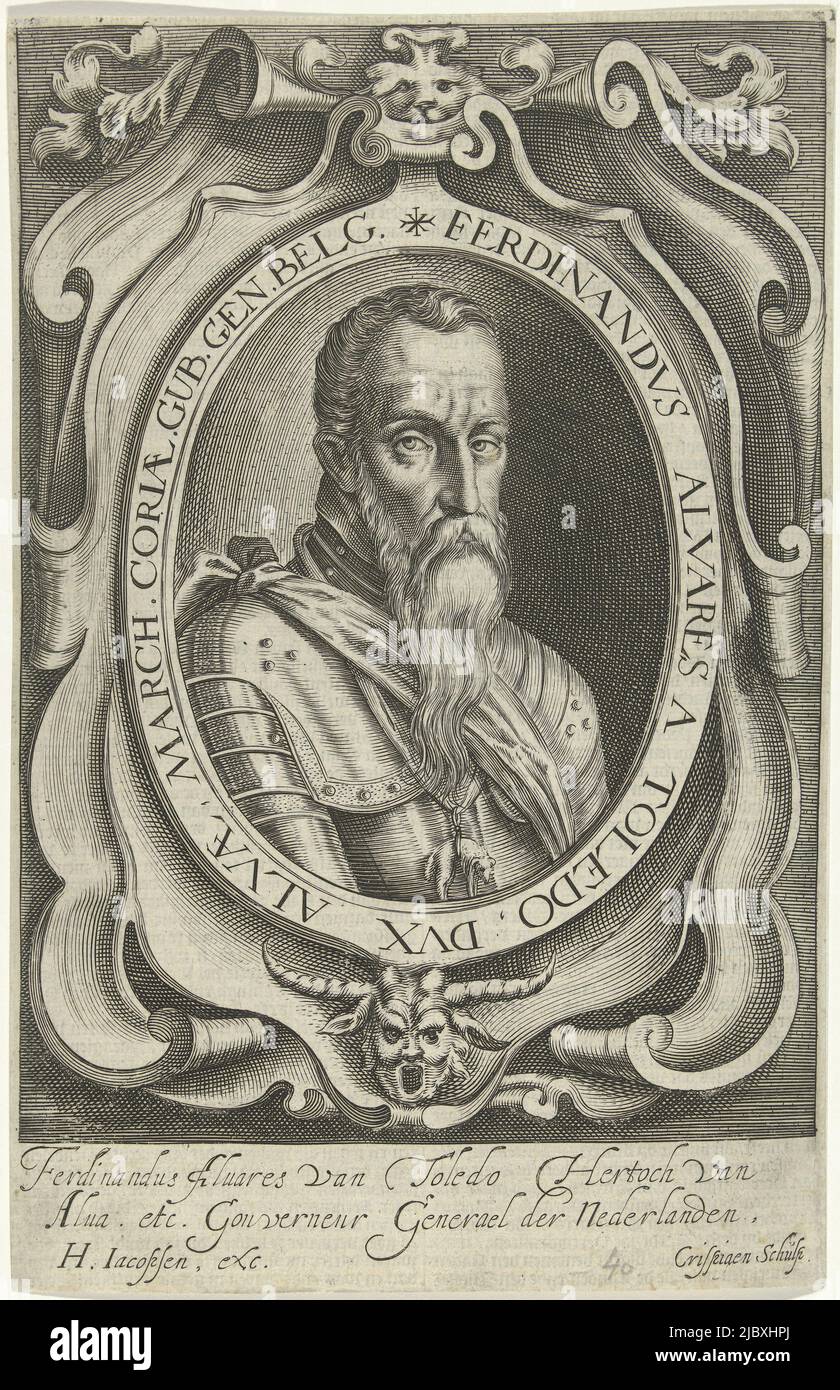 Ritratto di Ferdinando Alvarez de Toledo, Duca di Alva (detto anche Duca di ferro) in un cartouche riccamente ornato con un diavolo o satiro in fondo alla testa. Alva indossa un'armatura con un telaio sopra di esso e un nastro con il simbolo dell'ordine del vello d'oro., Ritratto di Ferdinando Alvarez de Toledo, Duca di Alva, tipografo: Crispijn van den Queborn, (menzionato in oggetto), editore: Hans Jacobsen, (menzionato in oggetto), l'Aia, 1623, carta, incisione, h 249 mm x l 160 mm Foto Stock