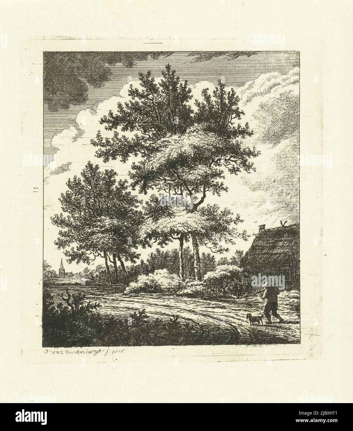 Paesaggio con strada di campagna, tipografia: Johannes van Cuylenburgh, (menzionato sull'oggetto), Johannes van Cuylenburgh, Paesi Bassi, 1815, carta, incisione, h 137 mm x l 128 mm Foto Stock