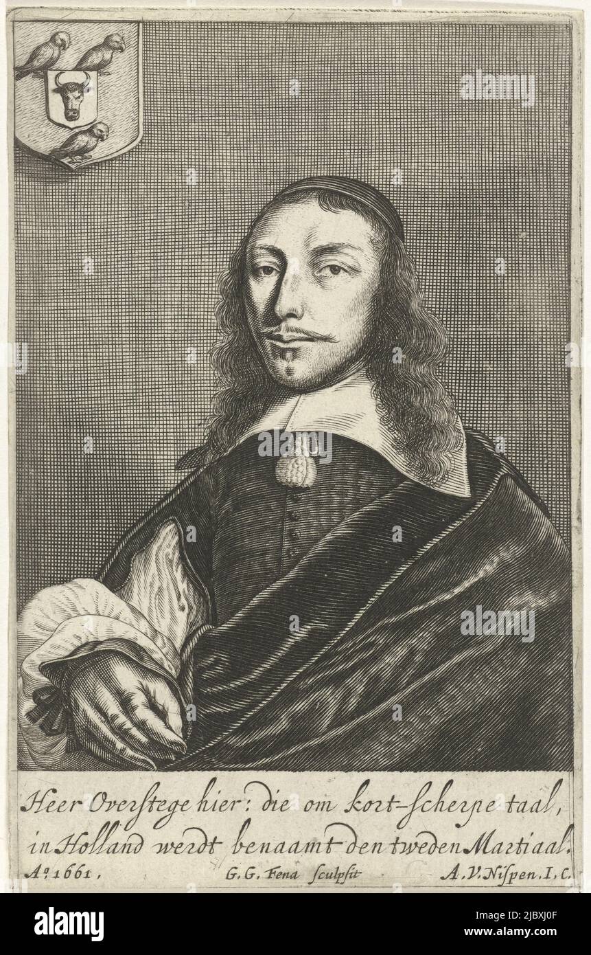 Ritratto del poeta Dort Cornelis van Overstege. È raffigurato nella mezza figura con copricapo, colletto bianco piatto e un mantello. In alto a sinistra il suo stemma. Sotto il ritratto c'è un verso olandese a due righe, Ritratto di Cornelis van Overstege, tipografo: Gerrit Gerritsz van Fenaem, (menzionato sull'oggetto), A.V. Nispen, (citato in oggetto), tipografo: Dordrecht, Olanda, 1661, carta, incisione, h 132 mm x l 85 mm Foto Stock