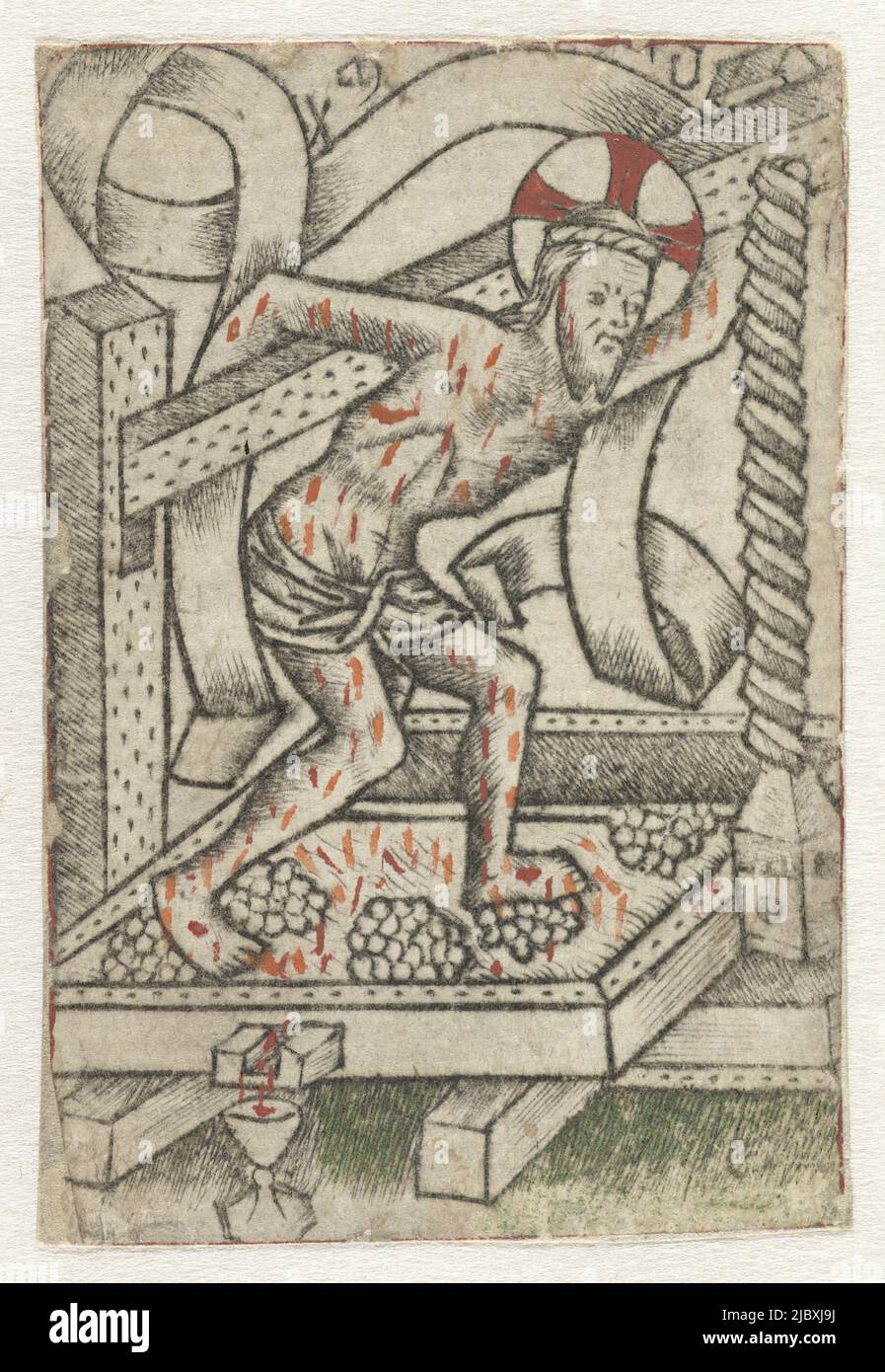 Cristo sta sulle uve nella pressa del vino, portando parte della pressa sulla sua schiena. Il sangue scorre dalla pressa in un calice. Una bandiera senza iscrizione circonda la figura del Cristo., Cristo nel vino Stampa, tipografia: Meester van het Martyrium der Tienduizend, Germania, 1463 - 1467, carta, incisione, a 70 mm x l 48 mm Foto Stock