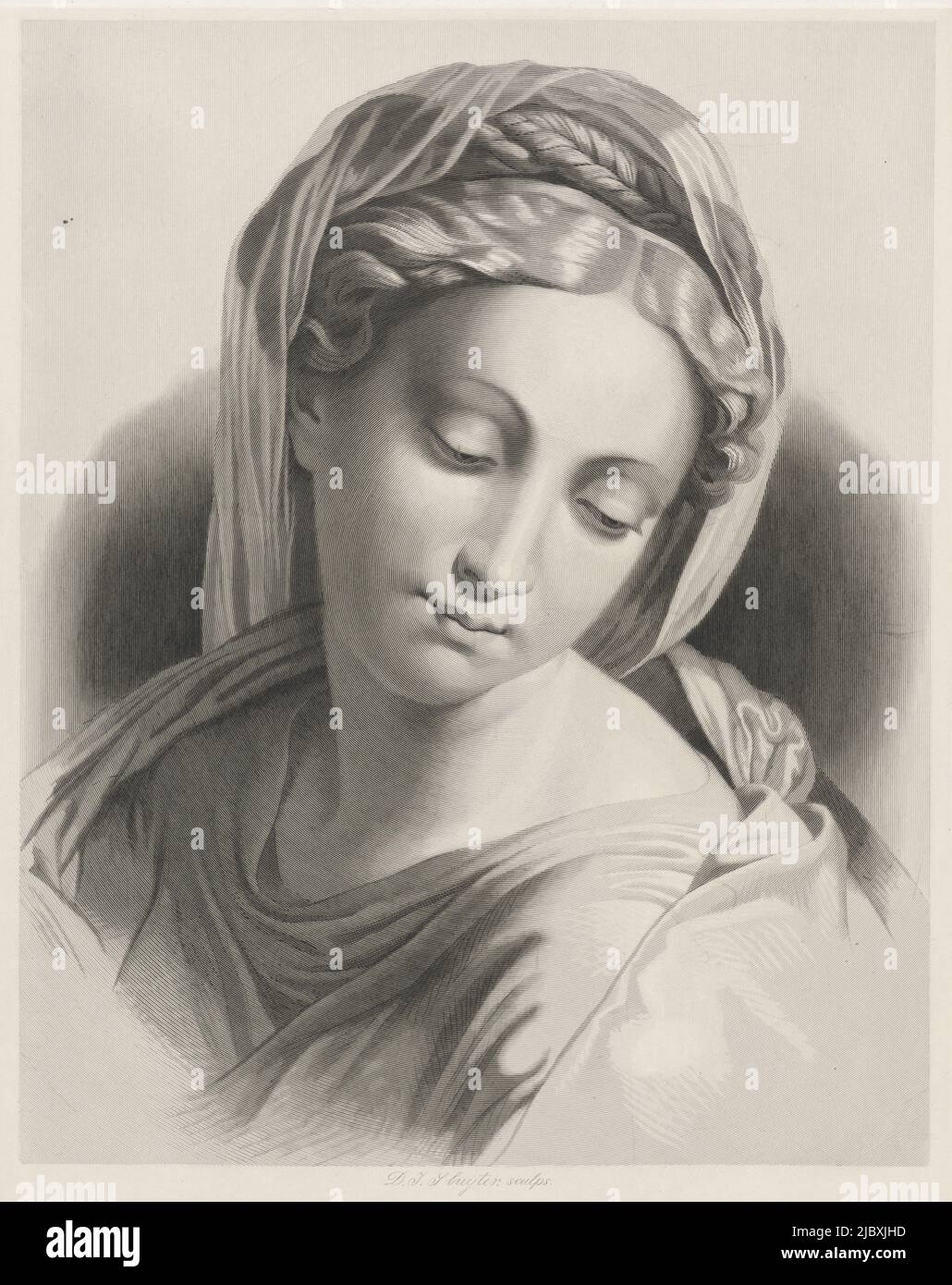 Maria con occhi defusi. Sulla testa indossa un velo., Madonna, tipografia: Dirk Jurriaan Sluyter, (menzionato sull'oggetto), Amsterdam, 1826 - 1886, carta, incisione, h 371 mm x l 293 mm Foto Stock