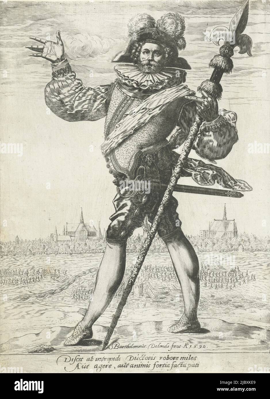 Un comandante in costume del 16th secolo che tiene una lancia nella sua mano sinistra. Sullo sfondo un esercito in progresso vicino ad una torre in fiamme. Dietro di esso una città (Leiden?) con due grandi chiese. Sotto la scena si trova un versetto latino, comandante di un esercito con una lancia di fronte ad una città assediata., tipografo: Bartolomeo Willemsz. Dolendo, (menzionato sull'oggetto), Leida, 1590, carta, incisione, a 310 mm x l 230 mm Foto Stock