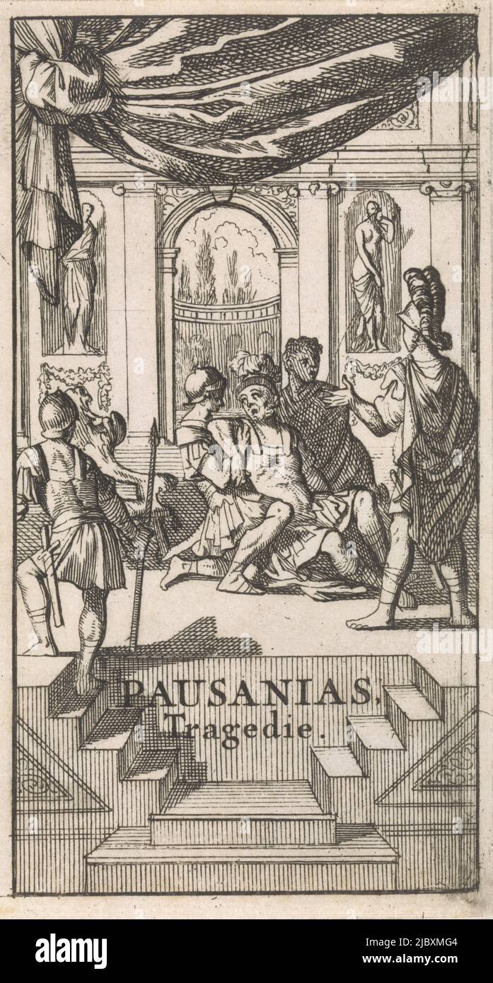 Pagina del titolo di 'Pausanias', in: P. Quinault, le Theatre, parte II, 1697, Print maker: Caspar Luyken, editore: Antoine Schelte, Amsterdam, 1697, paper, incisione, h 121 mm x l 65 mm Foto Stock