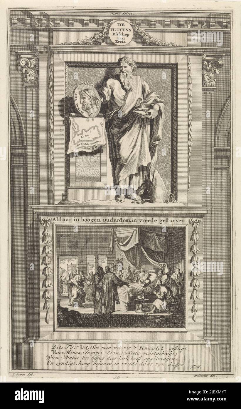 San Tito conserva un ritratto del re di Creta che poggia su una mappa di quest'isola. Tito si erge su un piedistallo dove il suo letto di morte è raffigurato sul davanti. Stampa contrassegnata in alto al centro: II Parte Fol: 91., San Tito il santo Tito Vescovo di Creta. Morì in vecchiaia, in pace , stampatore: Jan Luyken, (menzionato sull'oggetto), stampatore: Zacharias Chatelain (II), (menzionato sull'oggetto), disegnatore intermedio: Jan Goeree, (menzionato sull'oggetto), Amsterdam, 1698, carta, incisione, incisione, h 275 mm x l 171 mm Foto Stock