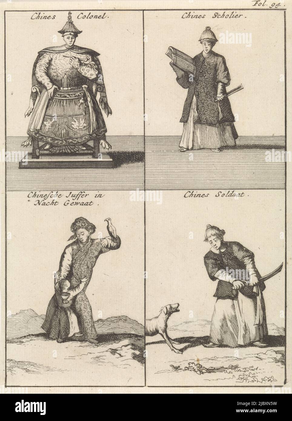 Quattro rappresentazioni di una piastra. Stampa segnata nell'angolo superiore destro: Fol. 94., Colonnello cinese / Scholar cinese / Donna cinese in Abito dormiente / Chinese Soldier Chines Colonel / Chines Scholar / Chinesche Juffer in Nacht Gewaat / Chines Soldier , tipografia: Caspar Luyken, editore: Engelbrecht Boucquet, tipografia: Amsterdam, editore: The Hague, 1698, carta, incisione, h 175 mm x l 131 mm Foto Stock