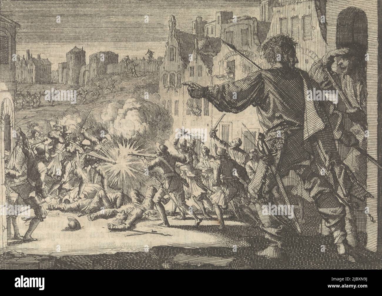 Lotta di strada a Ginevra per difendere contro un attacco di Charles Emanuel, Duca di Savoia, 1602, tipografo: Jan Luyken, editore: Pieter van der AA (i), tipografo: Amsterdam, editore: Leiden, 1698, carta, incisione, stampa su carta intestata, h 113 mm x l 156 mm Foto Stock