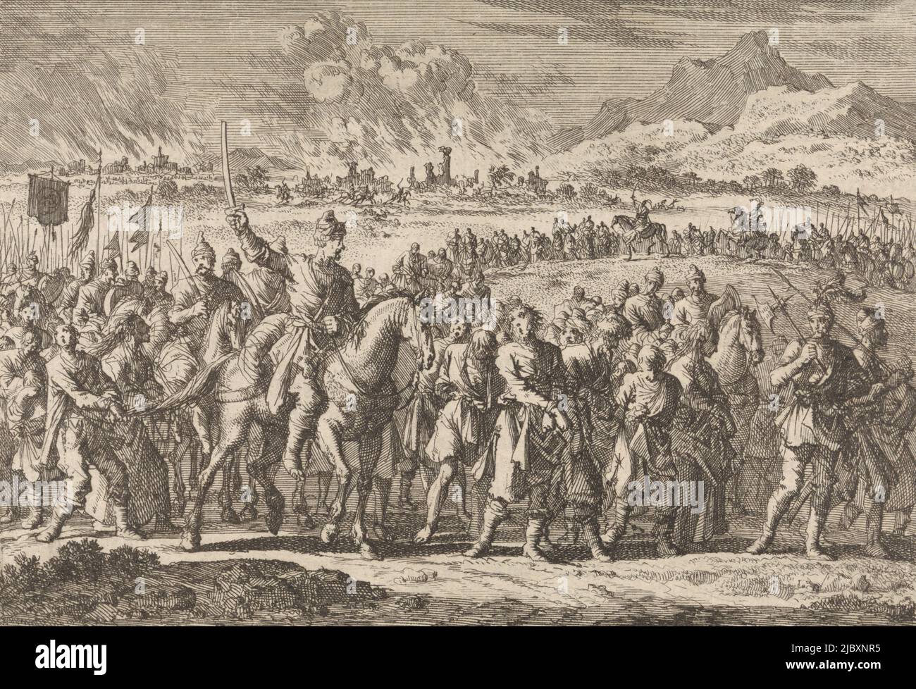 Invasione tartaria della Polonia, 1666, stampa: Jan Luyken, editore: Pieter van der AA (i), stampa: Amsterdam, editore: Leiden, 1698, carta, incisione, stampa su carta intestata, h 110 mm x l 157 mm Foto Stock