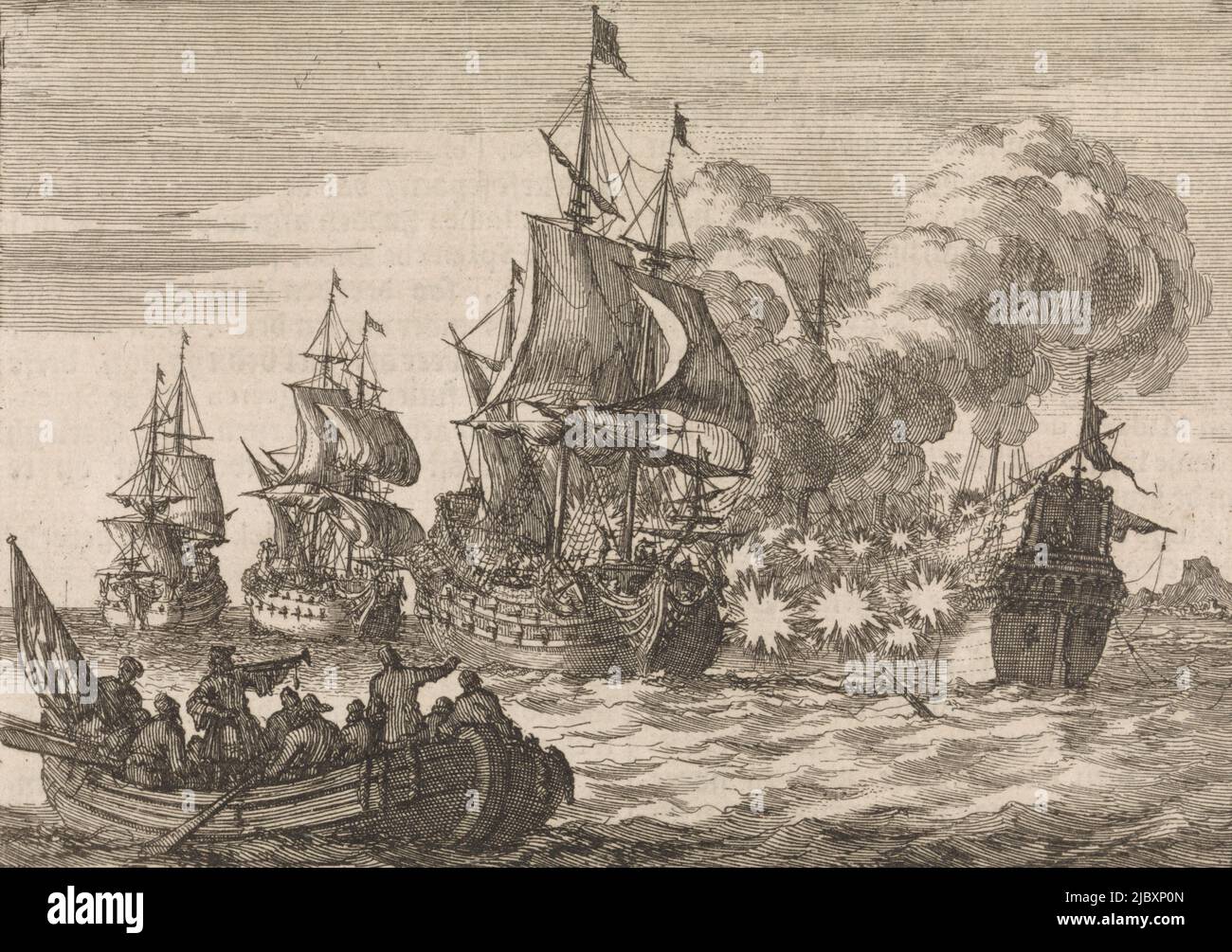 Vicino Valencia, ammiraglio spagnolo Papachino è attaccato da tre navi francesi sotto l'ammiraglio Tourville per non salutare abbastanza veloce, 1688, tipografo: Jan Luyken, editore: Pieter van der AA (i), tipografo: Amsterdam, editore: Leiden, 1698, carta, incisione, stampa su carta intestata, h 110 mm x l 154 mm Foto Stock