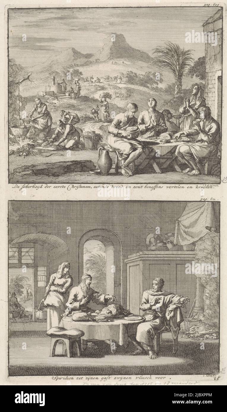 Due rappresentazioni su un piatto. Sopra: In primo piano ci sono alcuni primi cristiani seduti attorno ad un tavolo. Stanno ringraziando Dio per il semplice pasto e per il pane. Sullo sfondo, la zuppa viene cotta e l'acqua viene prelevata da un pozzo. Sotto: San Spiridone di Cipro è seduto al tavolo con un ospite. Offre il suo ospite maiale salato, ma quest'ultimo rifiuta perché sta digiunando., austero pasto dei primi cristiani e San Spiridone di Cipro che offre un ospite salato maiale l'austero pasto dei primi cristiani / Spiridion mette il suo ospite carne di cinghiale per , tipografo: Jan Luyken, ( Foto Stock