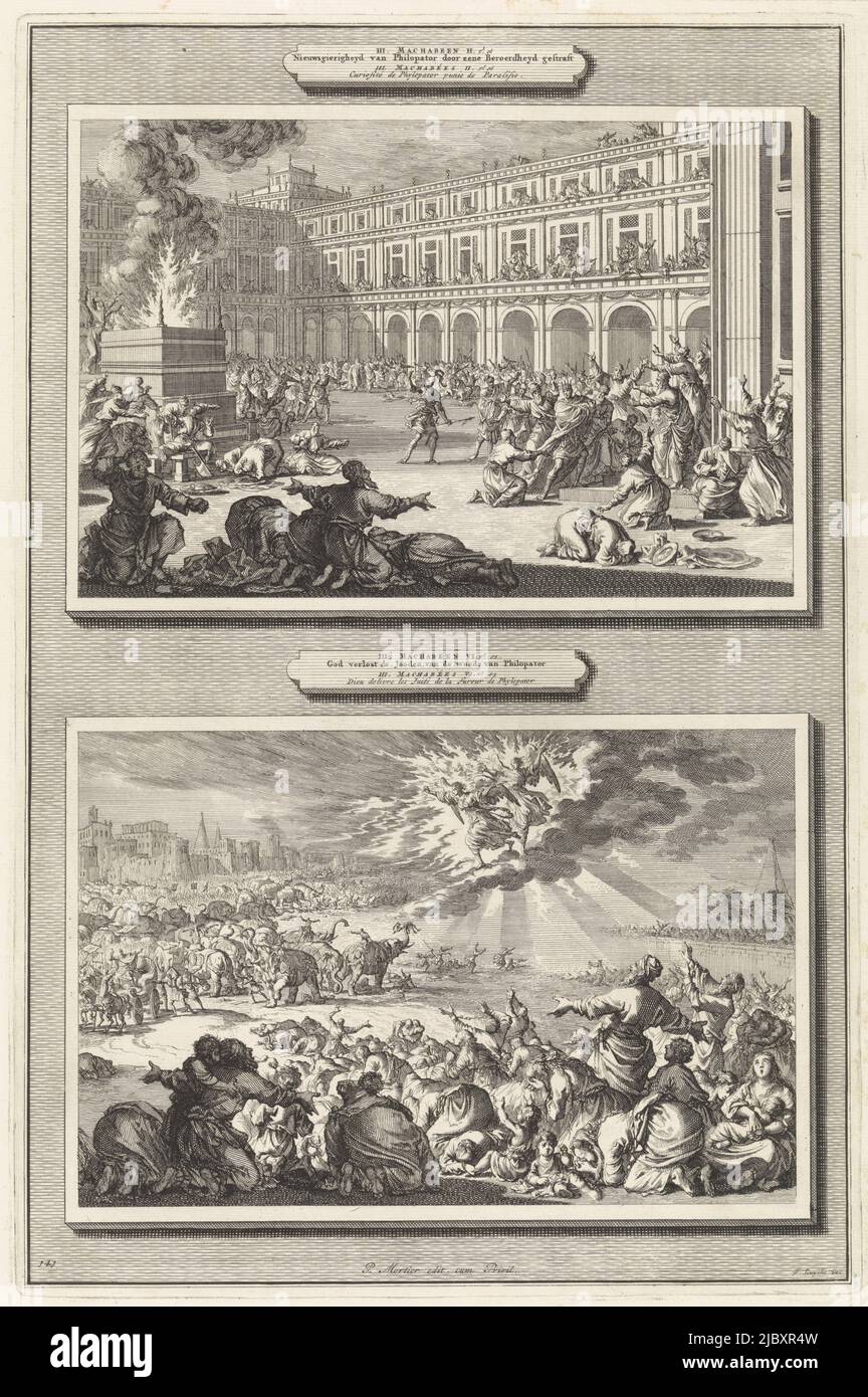 Due rappresentazioni su una piastra. Sopra: La piazza centrale di Gerusalemme con il Tempio di Salomone. Quando il re Tolomeo Filopatore cerca di entrare nel Sacro di Santi nel Tempio, soffre un colpo, che viene da Dio come punizione per la sua curiosità. Il popolo ebraico prega Dio nel panico. Sotto: Due angeli appaiono nel cielo e cacciano via gli elefanti ubriachi di Tolomeo Filopatore, che stavano per calpestare il popolo ebraico. Gli ebrei si inginocchiano e pregano Dio con gratitudine. Sullo sfondo, l'esercito del Filopatore di Tolomeo è calpestato dagli elefanti., il Filopatore di Re Tolomeo subisce un colpo come punizione Foto Stock