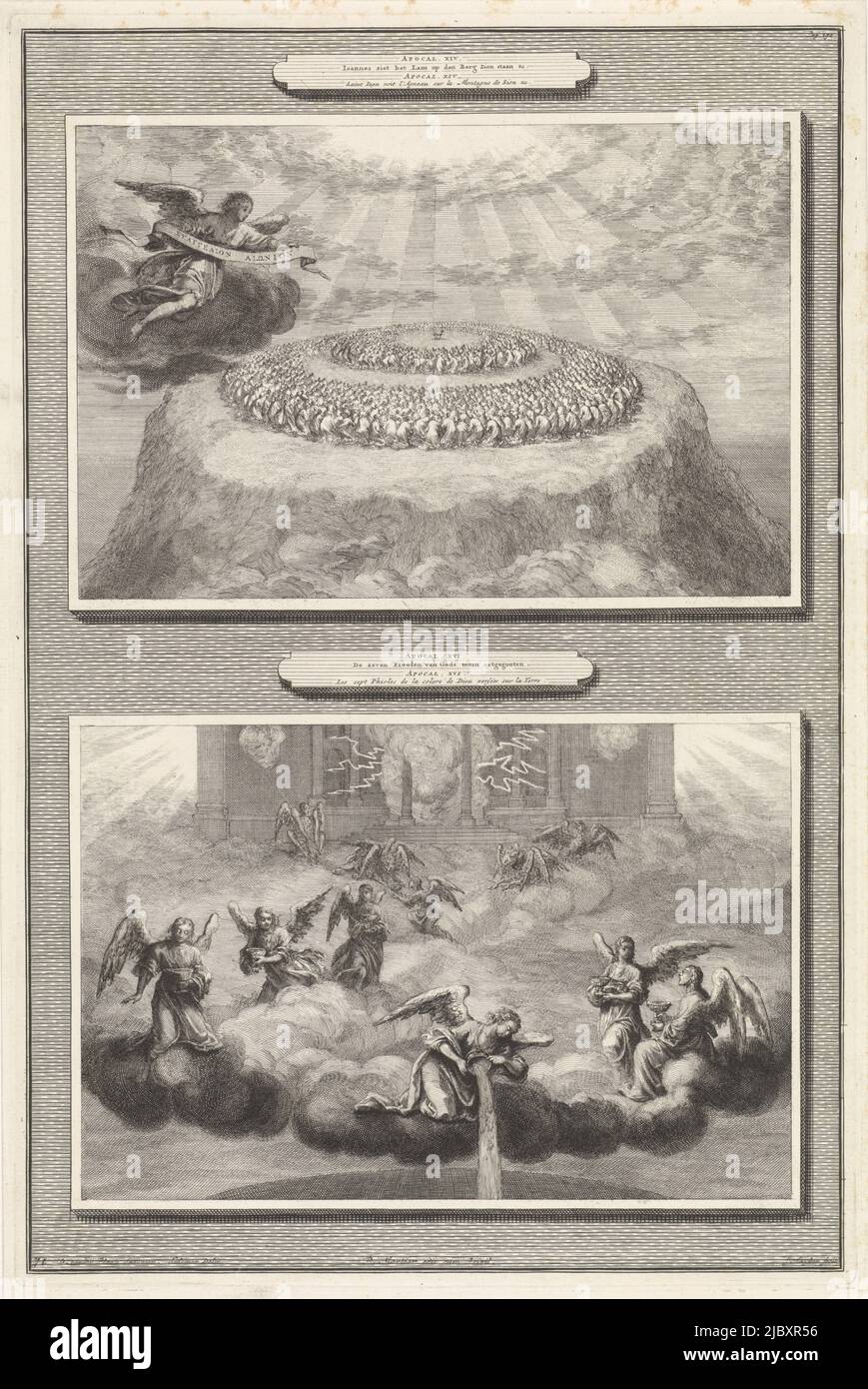 Due rappresentazioni su una diapositiva. Sopra: Sul monte Sion l'Agnello di Dio circondato da centoquarantaquattromila persone che adoravano l'Agnello. Nel cielo un angelo che tiene una banda. Sotto: Alla porta del cielo, sette angeli ricevono sette coppe sacrificali contenenti le sette ultime piaghe. Gli angeli versano le coppe sulla terra., visione dell'Agnello di Dio e le sette coppe sacrificali contenenti le piaghe di Dio Apocal. XIV: Giovanni vede l'Agnello in piedi sul monte Sion/Apocal. XVI: Le sette piali dell'ira di Dio uytgegooten , stampatore: Jan Luyken, (menzionato sull'oggetto), David Foto Stock