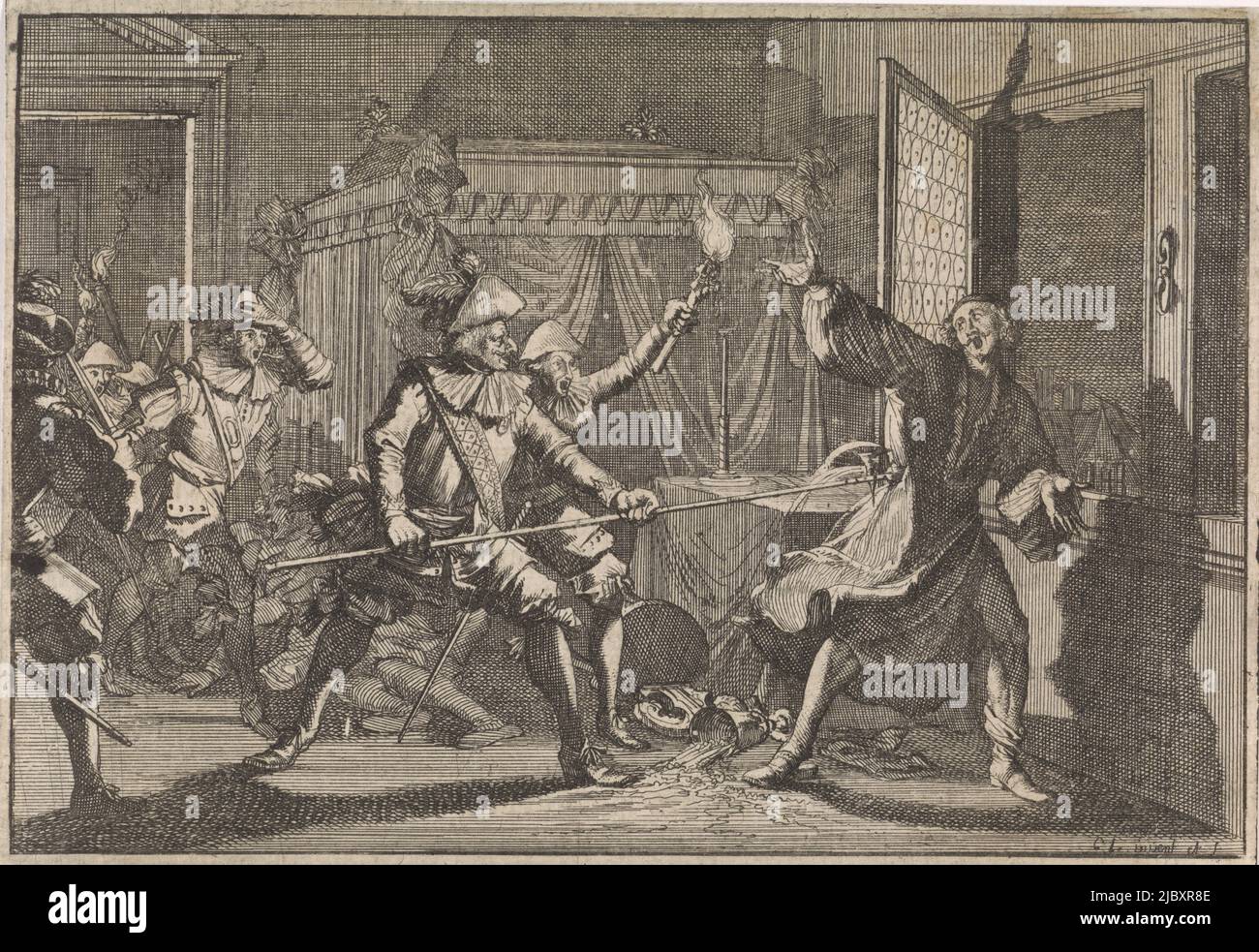 Albrecht von Wallenstein, duca di Friedland, è assassinato dai suoi soldati, 1634, tipografo: Caspar Luyken, (attribuito a), editore: Johann David Zunnern, Frankfurt am Main, 1701, carta, incisione, stampa su carta intestata, h 123 mm x l 179 mm Foto Stock