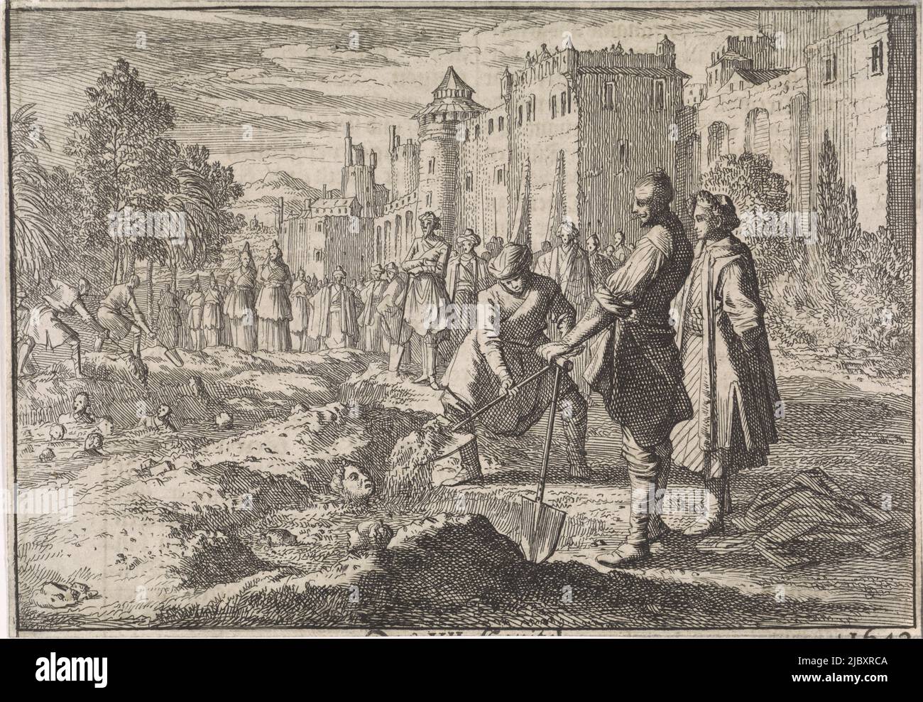 Safi, lo Scià di Persia, seppellisce quaranta delle sue mogli harem vive nel suo giardino del palazzo come punizione per un complotto contro la sua vita, 1642, stampatore: Caspar Luyken, (attribuito a), editore: Johann David Zunnern, Frankfurt am Main, 1701, carta, incisione, stampa su carta intestata, h 123 mm x l 179 mm Foto Stock