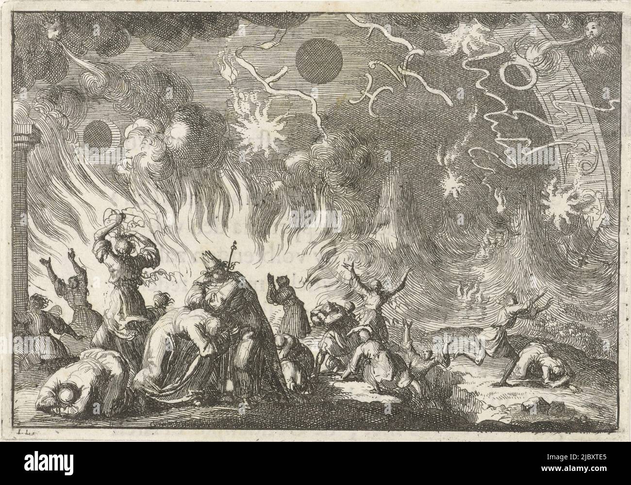 Il vecchio mondo sta morendo. Il re e i soggetti sono stellati da fiamme e stelle cadenti. Le città bruciano e traboccano, e lo zodiaco sale anche in fiamme., il perire della Terra, stampatore: Jan Luyken, (menzionato sull'oggetto), editore: David Ruarus, Amsterdam, 1687, carta, incisione, stampa tipografica, h 92 mm x l 130 mm Foto Stock