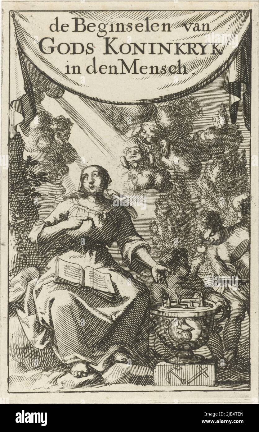 Donna seduta che punta ad un vaso in cui le piante stanno germogliando pagina del titolo per: P. Huygen, i principi del Regno di Dio nell'uomo espressi attraverso i simboli, 1689, stampatore: Jan Luyken, editore: weduwe Pieter Arentsz (II), Amsterdam, 1689, carta, incisione, a 139 mm x l 90 mm Foto Stock