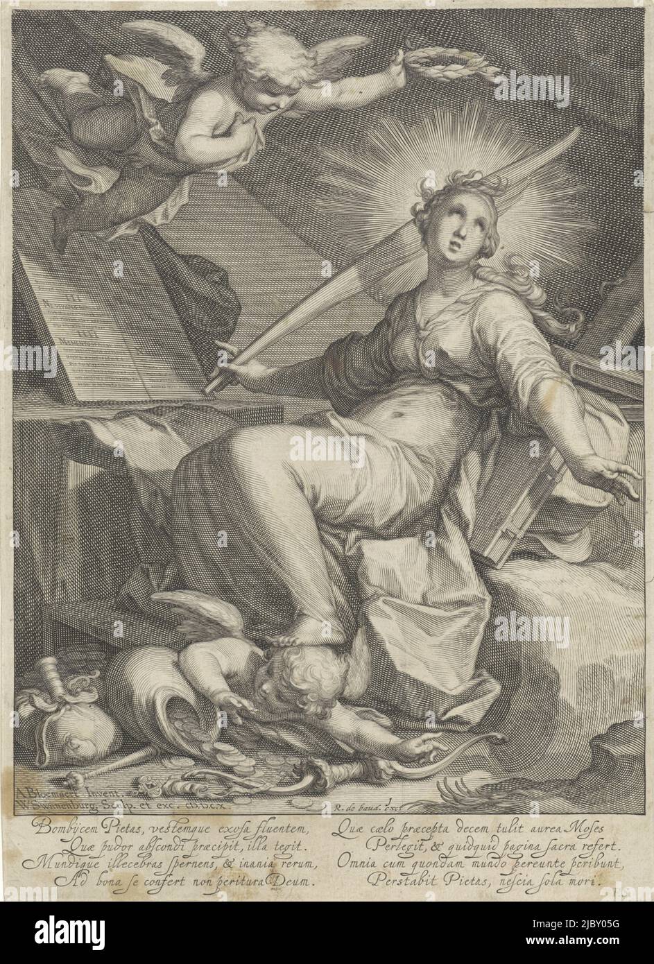 Una donna siede come personificazione della pietà a due tavolette di pietra che portano i dieci comandamenti. Intorno alla testa c'è un alone e nella mano destra ha un ramo di palma. Dietro di lei ci sono alcuni libri. Un putto la corona con una corona di alloro e con il suo piede lei trampola un altro putto che giace da un sacco di soldi. Sotto la scena c'è un testo latino a otto righe che descrive la scena e la virtù in generale., Piety, tipografo: Willem Isaacsz. Van Swanenburg, (menzionato sull'oggetto), Abraham Bloemaert, (menzionato sull'oggetto), editore: Robert de Baudous, (menzionato sull'oggetto), tipografo: Leiden, Utrecht Foto Stock