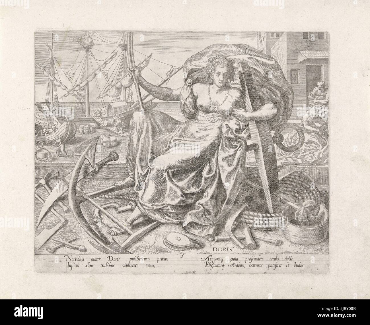 La divinità romana Doris come personificazione della navigazione e del commercio marittimo. Si siede in primo piano su un grande ancoraggio ed è circondata da tutti i tipi di strumenti, riferendosi alla navigazione marittima. Dietro di lei, a destra, due persone stanno finendo reti. La stampa ha una didascalia latina ed è parte di una serie di stampe su attività umane, spedizione e commercio Doris, attività umane (serie di titoli)., tipografia: Philips Galle, Frans Floris (i), (possibilmente), Marten van Cleve (i), (possibilmente), Anversa, 1574, carta, incisione, a 205 mm x l 247 mm Foto Stock