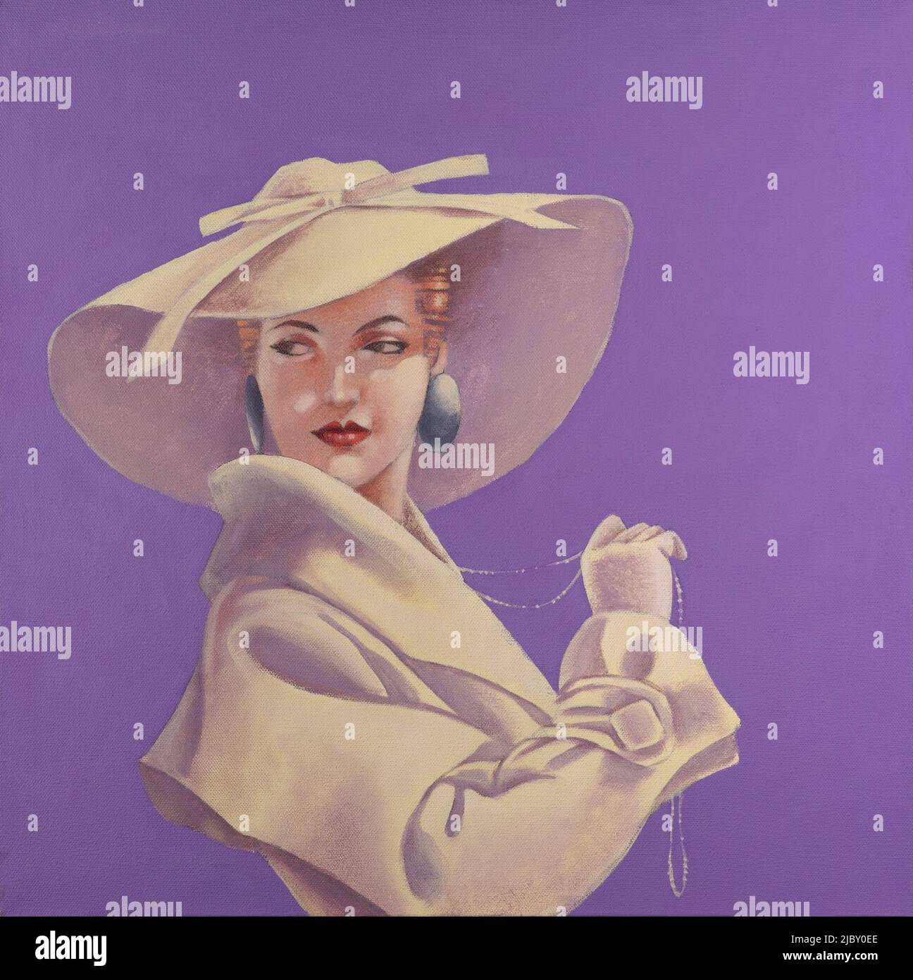 Donna in cappello di pale, pittura acrilica su tela Foto Stock