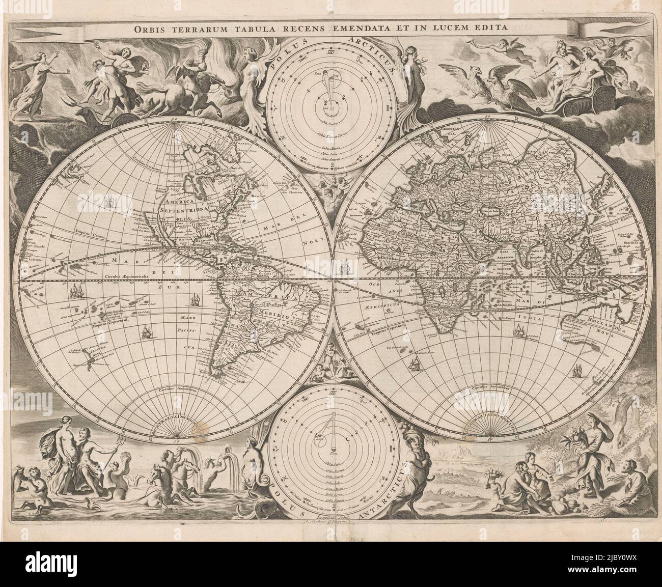 Mappa del mondo, con sopra una rappresentazione del sistema di Nicholas Copernico, e sotto il sistema di Tolomeo. Sopra, in un banderolo, il titolo. Negli angoli un'allegoria sui quattro elementi. Con testo olandese su verso. Numerato in basso a destra: 6., Mappa del mondo con allegoria sui quattro elementi Orbis terrarum tabula recens emendata et in lucem edita., stampatore: Bastiaen Stopendael, (menzionato sull'oggetto), Amsterdam, 1682, carta, incisione, incisione, stampa su carta intestata, h 362 mm x l 467 mm Foto Stock